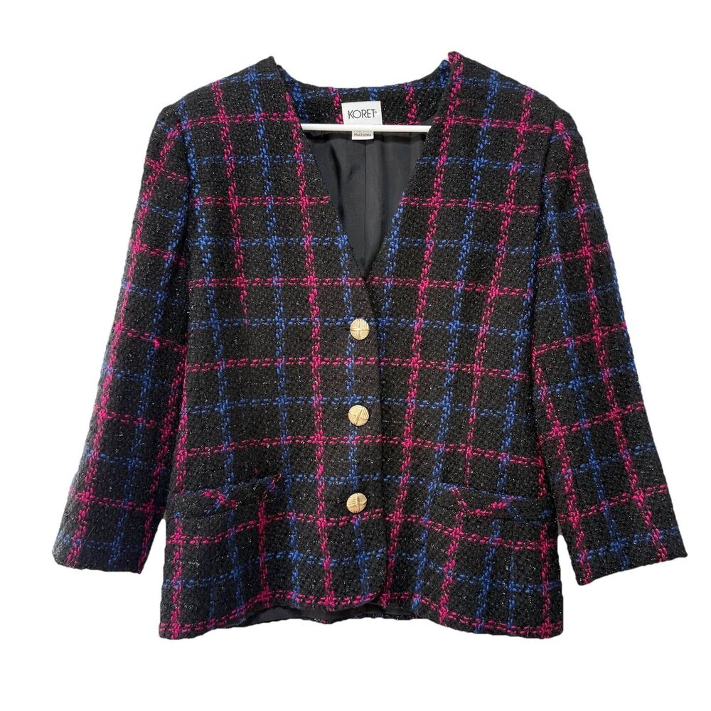 Koret Womens Size 10 Plaid Blazer Jacket Black Pink Blue Gold Buttons 3/4 Sleeve